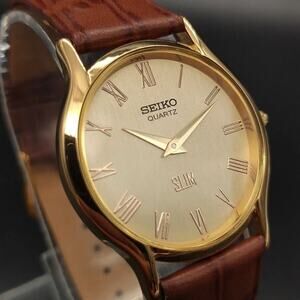 Vintage Style Seiko Quartz Mens Gold Watch & Brown accents W/Leather Strap